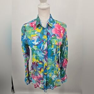 Pleats Collection Abstract Floral Button-Up Shirt Large (6245)